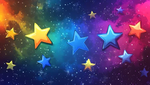 Vibrant cartoon stars drifting through rainbow galaxy sky.