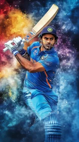 Cricket batter in blue uniform swings bat amid vivid nebula