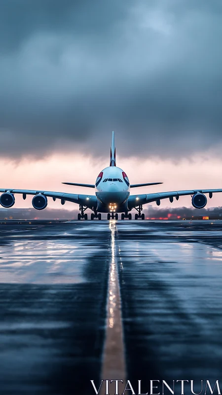 Widebody jetliner aligned on wet runway at dusk storm light.