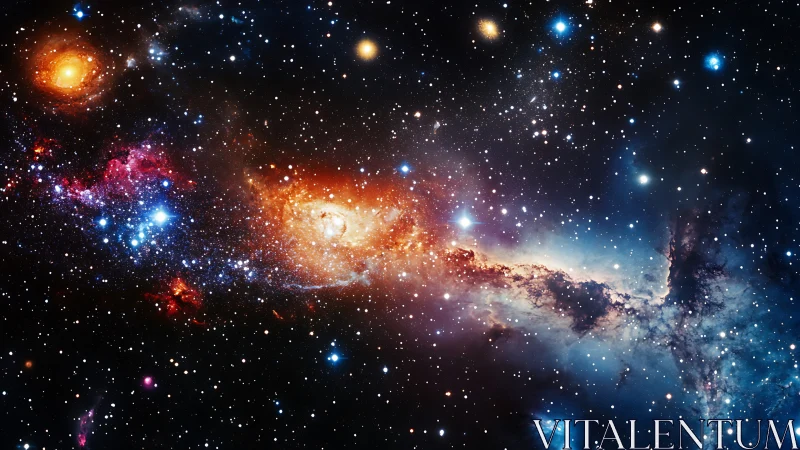 Glowing galaxies drift in a colorful, star-filled cosmic sea