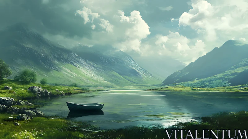 Rowboat on calm lake surrounded by green mountain valley.