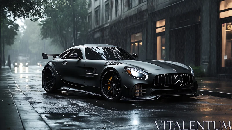 Matte black Mercedes AMG GT rendered in cinematic urban rain