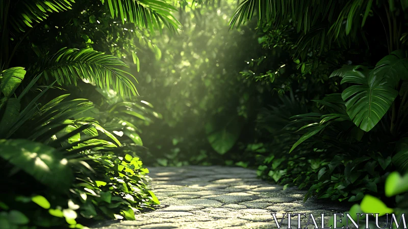 Sunlit jungle pathway through dense tropical foliage.