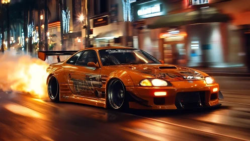 Midnight turbo inferno: street racer blazing through downtown.