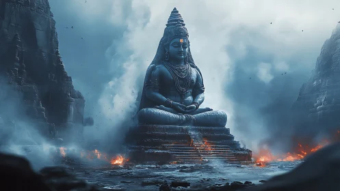 Colossal seated deity statue dominates smoky canyon landscape