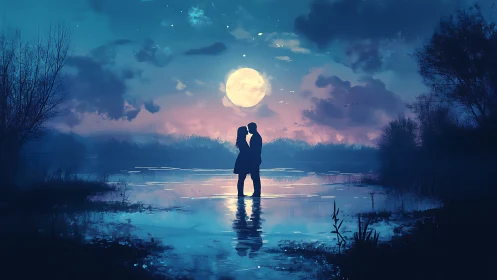 Two figures stand in shallow water beneath large full moon.