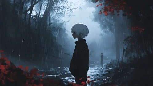 Solitary white-haired figure in rain-soaked forest path scene