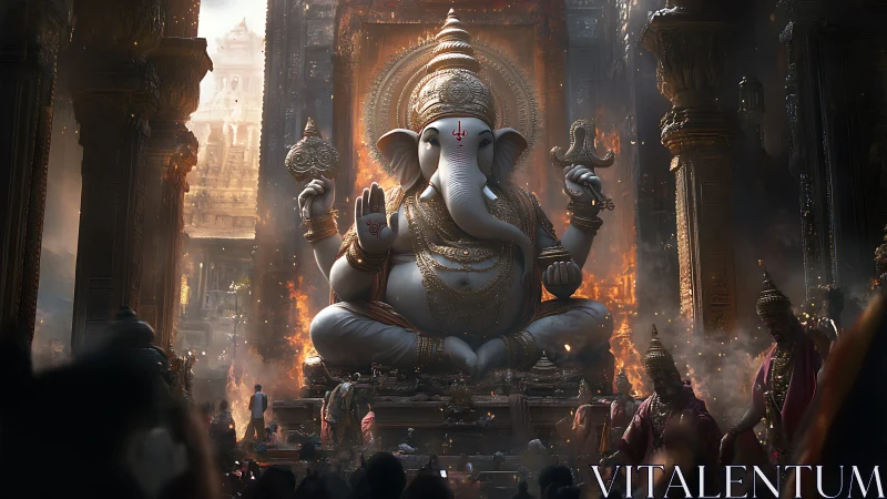 Majestic Ganesha statue dominates ornate burning temple hall.