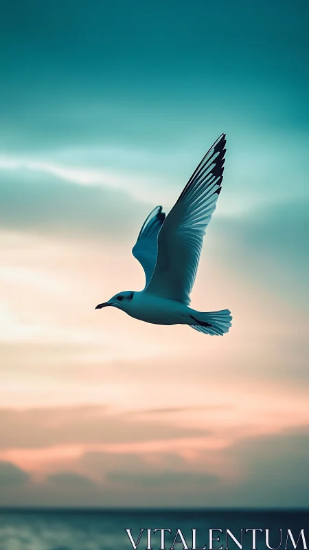 Seagull in lateral flight over calm sea at pastel sunset sky.