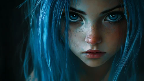 Blue-haired girl stares intensely with luminous eyes in shadow.