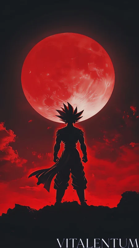 Saiyan silhouette dominates blood-red lunar horizon.