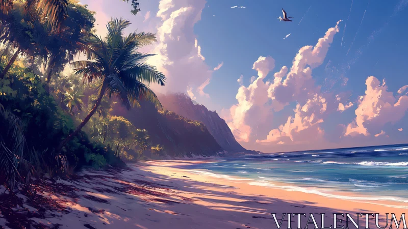 Digital illustration depicts tropical coastal landscape with volumetric atmospheric rendering and go