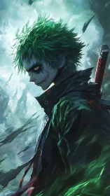 Side-lit green-haired antihero with stitched grin in storm haze