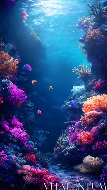 Vertical underwater reef corridor with colorful corals.