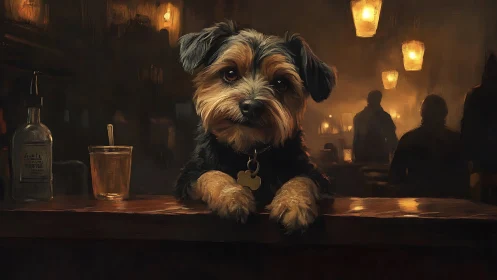 Dog at Bar Counter in Moody Tavern Interior.