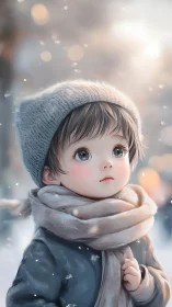 Child in winter attire with blue beanie and scarf against blurred bokeh.