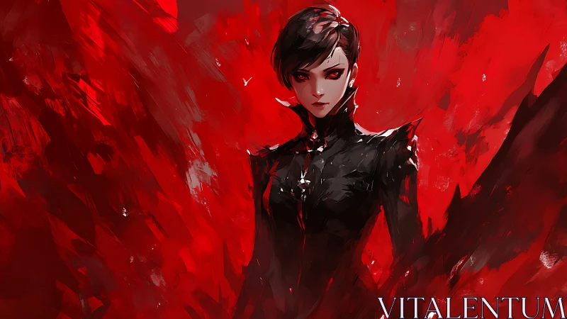 Dark-winged femme fatale stands amid a blazing red storm