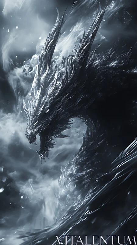 Monochrome elemental dragon coils through storm in dynamic motion
