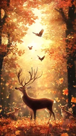 Stag and saplings listen as autumn light sings overhead