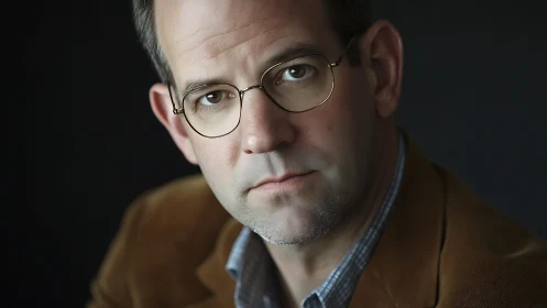 Portrait headshot shows man in glasses under soft light.
