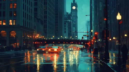 Rain-slicked city artery humming under clocktower glow.
