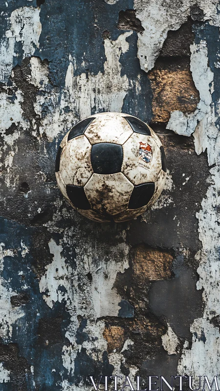 Worn soccer ball against distressed peeling wall surface.