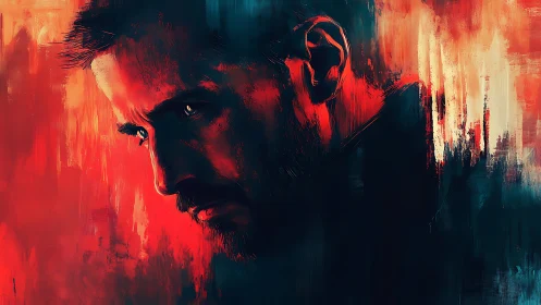 Brooding male portrait in red teal digital brushwork.