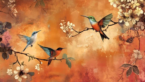 Colorful hummingbirds perched on floral branches at sunset