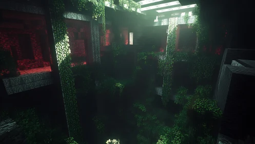 Volumetric-lit voxel atrium with overgrown vines in red-tinged ruins