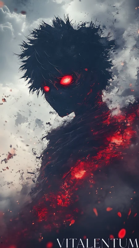 Infernal silhouette dissolves into ember-laced atmospheric void