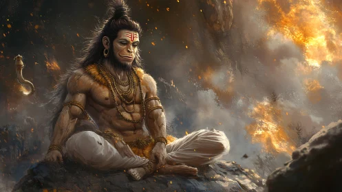 Serene monkey warrior meditates amid cascading firestorms
