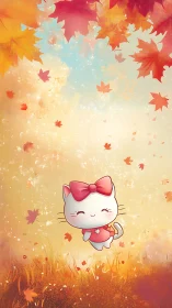 Cartoon kitten character in stylized autumn landscape scene.