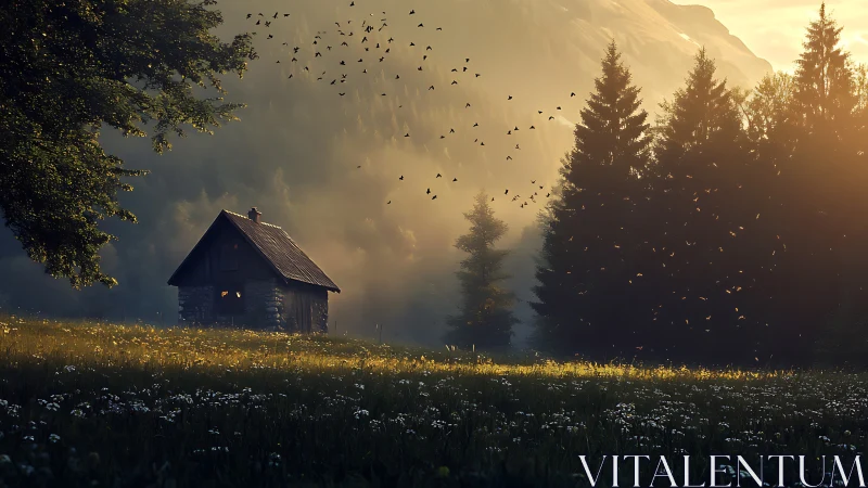 Sunlit forest cabin rests in misty mountain meadow at dawn.