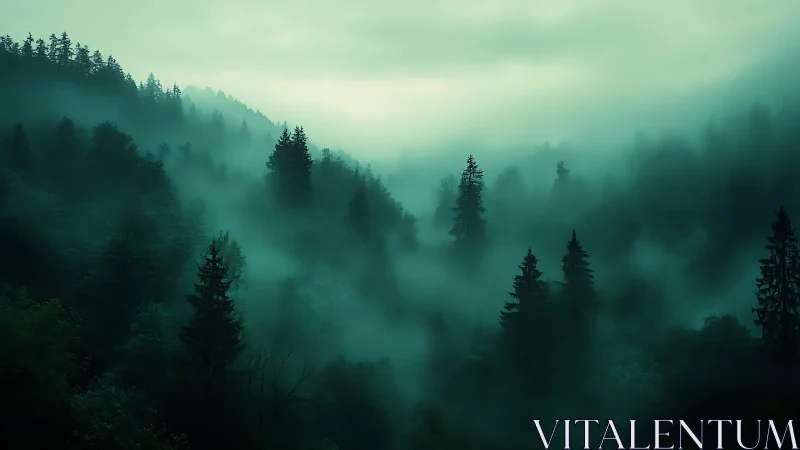 Atmospheric fog-laden coniferous forest landscape with stratified mist layers