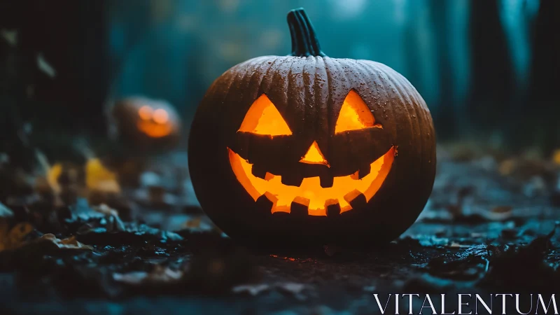 Glowing jack o lantern smiles along a misty forest path