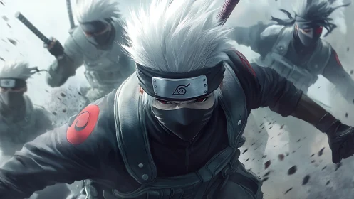 Masked silver-haired ninja squad charging through smoke.