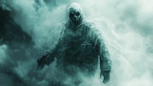 Spectral soldier figure emerges from dense swirling smoke