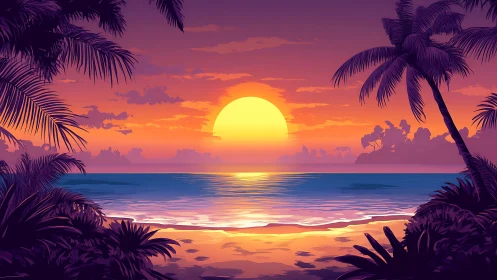 Vibrant tropical sunset seascape with silhouetted palm trees.