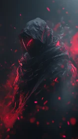 Hooded dark figure with red glowing eye stands in smoke