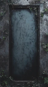 Weathered metal doorway framed by creeping ivy and mossy stone.