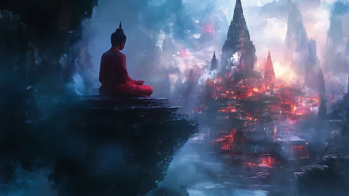 Meditating figure surveils burning citadel in spectral fogscape.