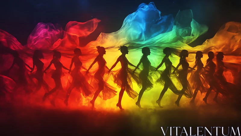 Silhouetted dancers moving across vivid rainbow light band.