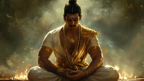 Meditating warrior sage radiates calm amid sacred fire