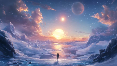 Solitary explorer watches triple suns over icy alien sea