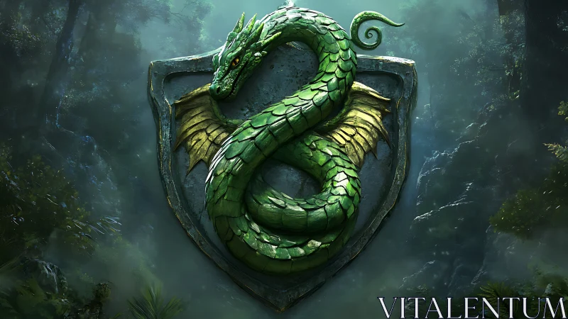 Emerald serpent sigil coils in mist over ancient forest.