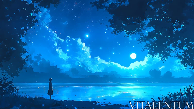 Solitary figure by moonlit lake under vivid starfield.