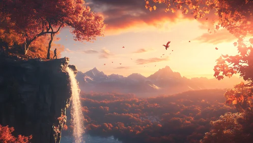 Crimson treetops crown a lone wanderer above a glowing fall