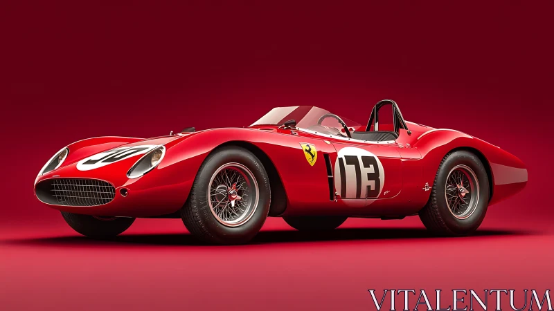 Scarlet vintage race spider poised on a velvety red stage.