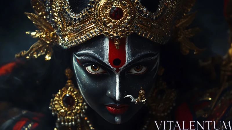 Mystic goddess gaze framed in glowing gold and deep shadow.