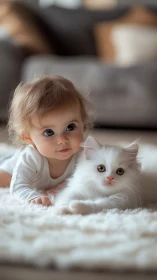 Toddler and White Kitten Bonding on Soft Rug.